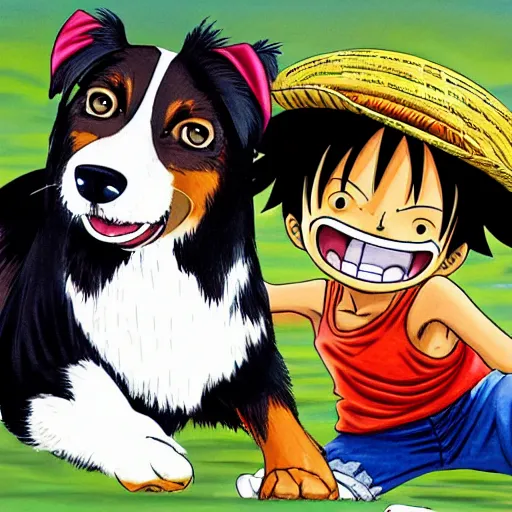 Image similar to luffy from one piece with an australian shepard, by eiichiro oda