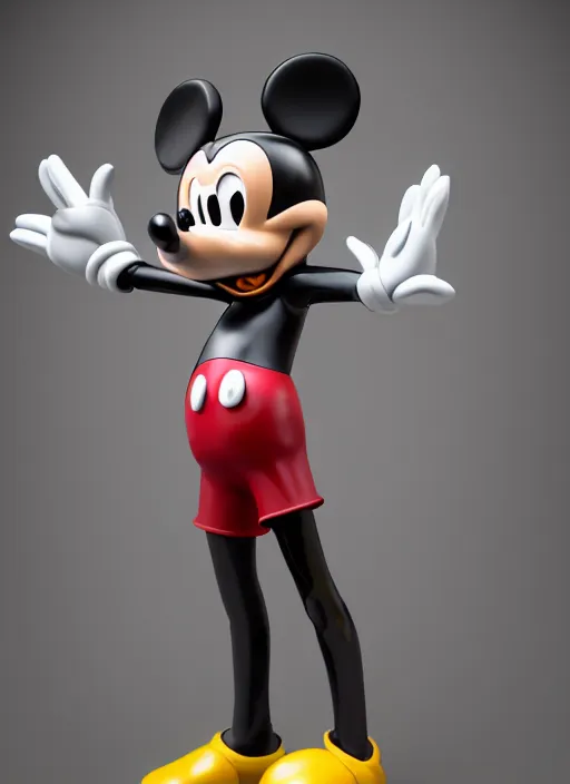 Image similar to stylized shiny latex rubber leather ornate statue full body made of marble of disney character mickey mouse, perfect symmetrical body, perfect symmetrical face, hyper realistic, hyper detailed, by johannen voss, by michelangelo, octane render, blender, 8 k, displayed in pure white studio room