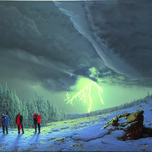 Image similar to a beautiful acrylic painting of group of climbers, extreme cold, storm, octane rendering, grim, dark, gloomy, cruel, volumetric lightning, hyperrealism, dichromatism, split - complementary colors, saturated colors, no blur, 4 k resolution, ultra detailed, john atkinson grimshaw, ivan shishkin, tyler edlin, scott listfield, eric zener