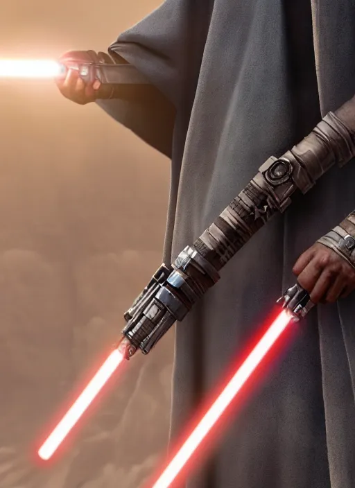 Prompt: close - up of a jedi holding a lightsaber, keanu reeves, greg rutkowski, 8 k, shallow depth of field, intricate detail, concept art,