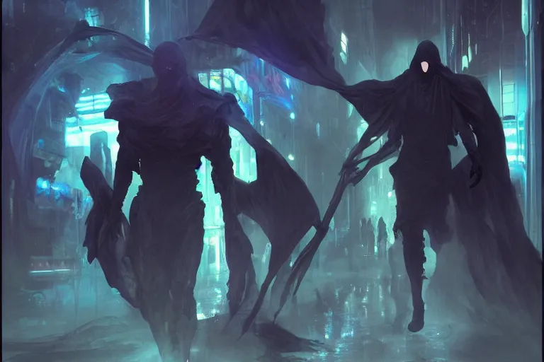 Image similar to Dementor from Harry Potter in cyberpunk, neon lighting, figure in center, digital art from artstation by Ruan Jia and Mandy Jurgens and Artgerm and william-adolphe bouguereau and Greg Rutkowski and Wayne Barlowe