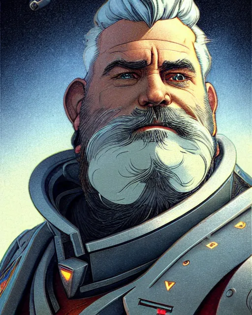 Image similar to reinhardt from overwatch, gray hair and beard, character portrait, portrait, close up, concept art, intricate details, highly detailed, vintage sci - fi poster, vintage sci - fi art, retro future, in the style of chris foss, rodger dean, moebius, michael whelan, and gustave dore