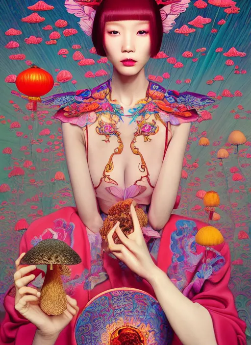 Image similar to pretty chinese model with hallucination mushroom : : by martine johanna and simon stalenhag and chie yoshii and casey weldon and wlop : : ornate, dynamic, particulate, rich colors, intricate, elegant, highly detailed, centered, vogue, harper's bazaar art, fashion magazine, smooth, sharp focus, octane render, 8 k