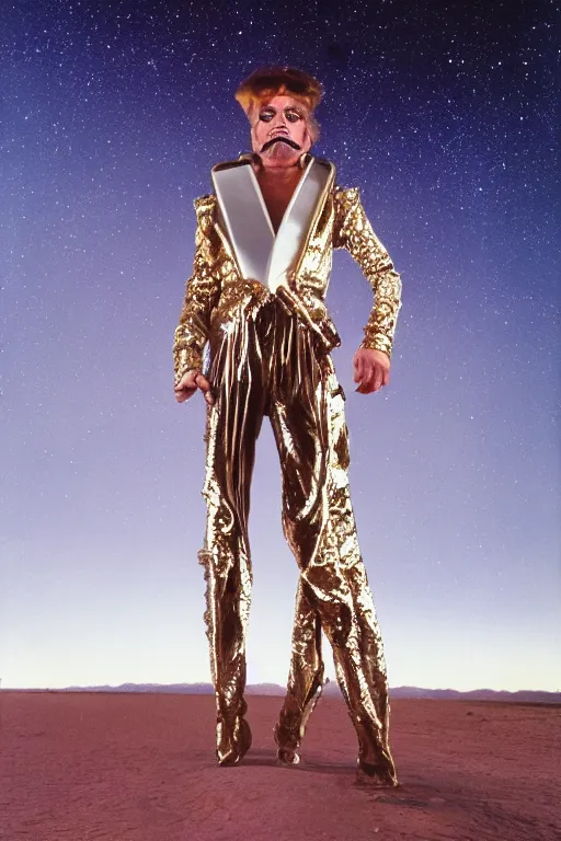 Image similar to portrait davis taylor brown dressed in 1 9 8 1 space fantasy fashion, avante garde, shiny metal, standing in a desert