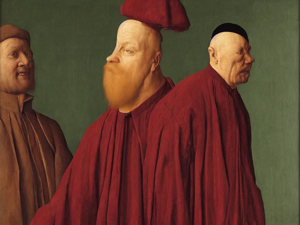 Image similar to portrait of a middle aged blind man. 21 th century clothes. Painting by Jan van Eyck