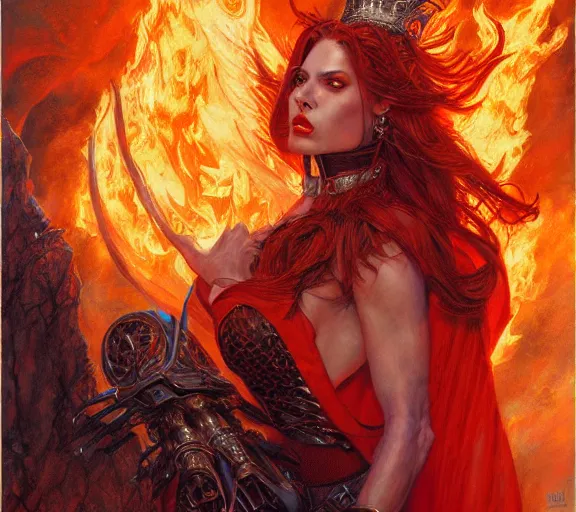 Image similar to The Fire Queen, beautiful young woman, fire, flames, dramatic, hyperdetailed | donato giancola, ralph horsley, Artem Demura | waist-up portrait | dungeons and dragons