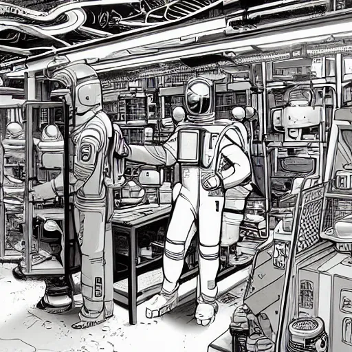 Image similar to asian space merchant in their shop, Industrial Scifi, detailed illustration, character design, by Martin Grip and Moebius