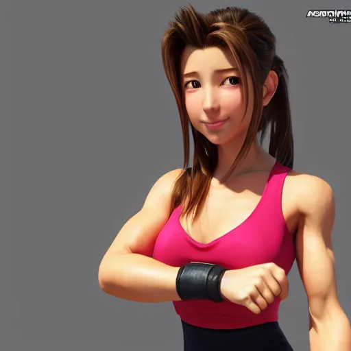 Prompt: aerith gainsborough with gains from the gym. high detail sharp detail 4k UHD v-ray artwork, official media