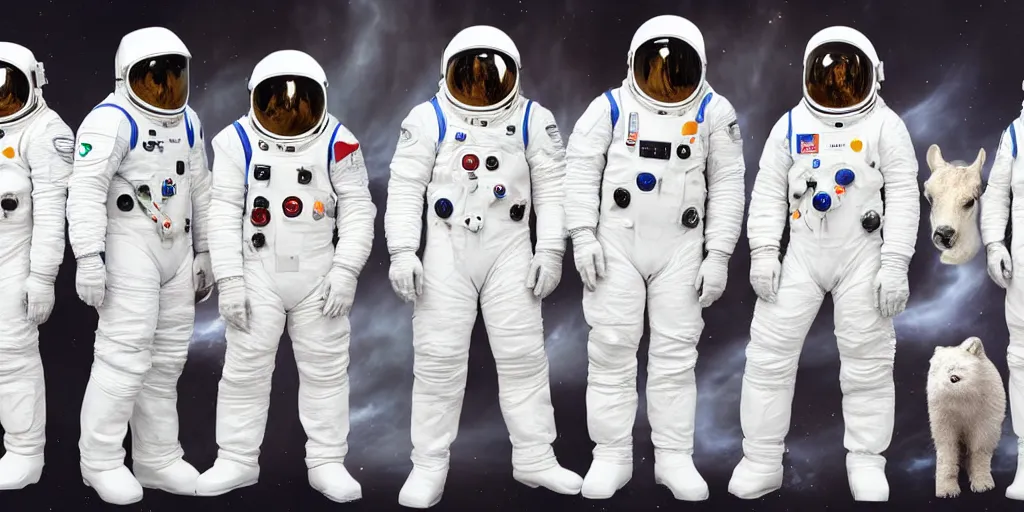 Image similar to A team photo of various animals standing still in white spacesuits before their mission to explore Mars. Highly detailed picture.