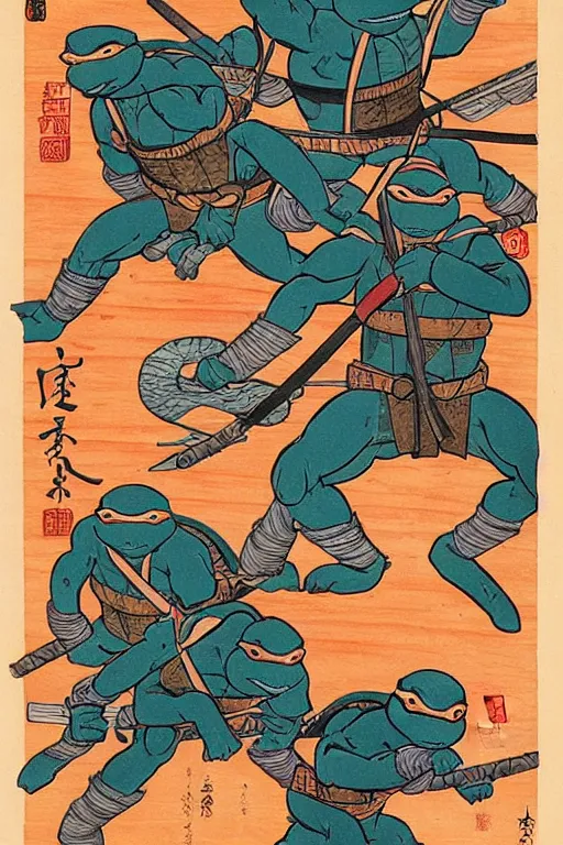 Image similar to Teenage Mutant Ninja Turtles in Japanese ukiyo-e ukiyo-ye woodblock print by Moronobu