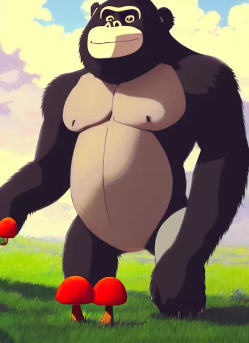 Image similar to wholesome cartoon anime gorilla holding a very small red mushroom, big smile on face, sunny sky background, lush landscape, illustration concept art anime key visual trending pixiv fanbox by wlop and greg rutkowski and makoto shinkai and studio ghibli and kyoto animation, symmetrical facial features,