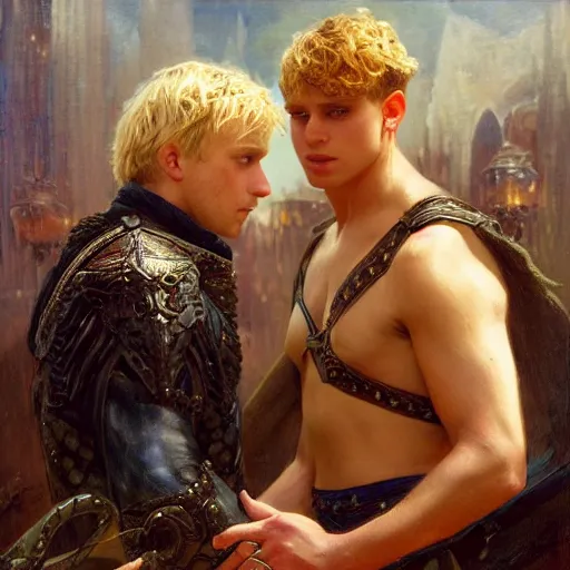 Image similar to attractive male, arthur pendragon who has blond hair confesses his love to attractive male, merlin who has dark hair. highly detailed painting by gaston bussiere, craig mullins, j. c. leyendecker 8 k