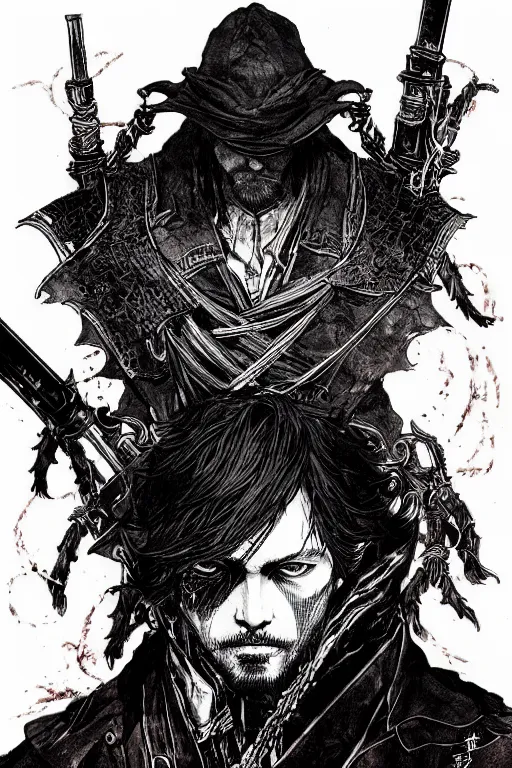 Prompt: portrait of a bloodborne hunter, sumi - e style, masterful, intense, concept art, detailed, intricate linework, art by yoji shinkawa