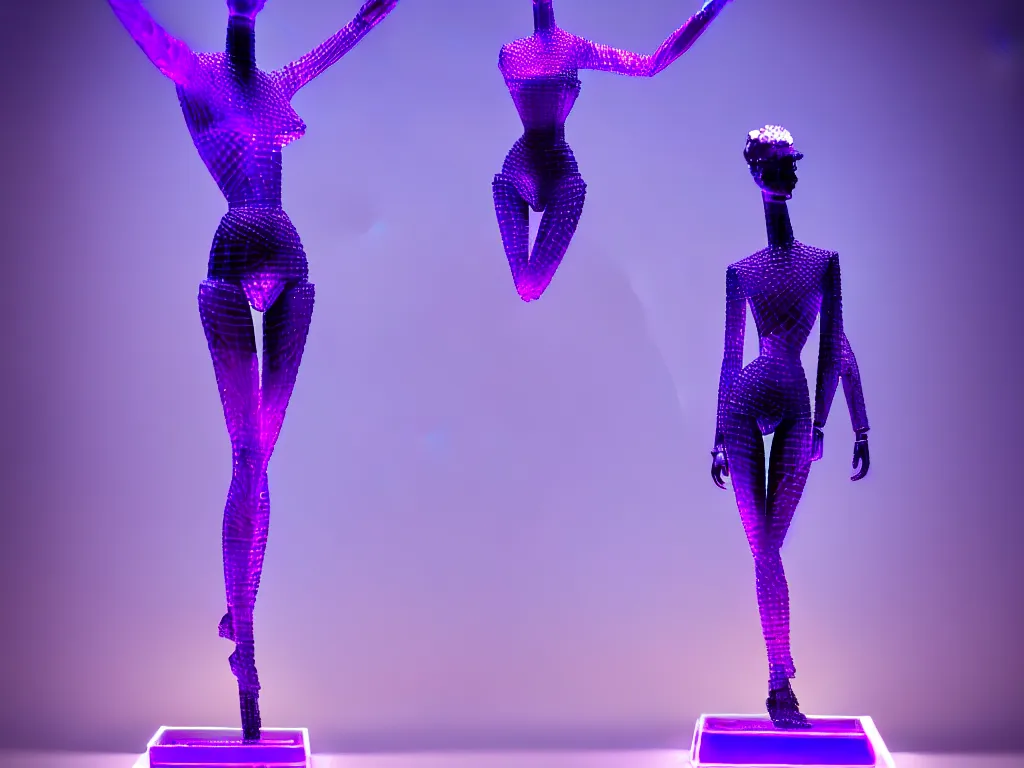 Image similar to beautiful mannequin sculpted out of amethyst by billelis + lit with purple 3 d geometric neon + chrome geometric cubed bonsai plants!!!!, doorway opening with neon pink geometric light, clean linework, dramatic, finely detailed, rule of thirds, moody, confident, award winning, 4 k, trending on artstation, photorealistic, volumetric lighting, octane render