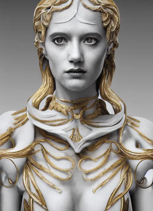 Image similar to a statue made of white marble with gold veins, of an beautiful gorgeous angel girl, full body shot, perfect symmetrical body, perfect symmetrical face, no eyes, hyper realistic, hyper detailed, fujicolor superia 1 6 0 0 photo, by johannen voss, by peter kemp, by monia merlo, by michelangelo octane render, blender, 8 k