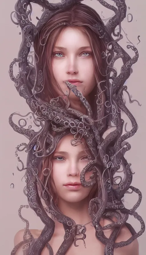 Prompt: very detailed portrait of a 2 0 years old girl surrounded by tentacles, the youg woman visage is blooming from fractal and vines, by cgsociety