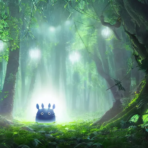 Image similar to A forest with a ray of light shining down onto the forest floor, soot sprouts floating, totoro hiding behind tree, magical, enchanting, beautiful, fantasy, digital art, high detail, excellent quality, 4K, OLED