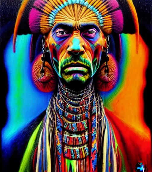 Image similar to Portrait painting in a style of Beksinski mixed with Alex Grey of an old shaman dressed in a colorful traditional clothes.