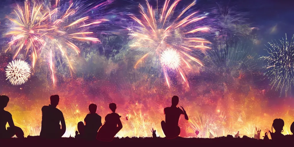 Prompt: people sitting on a hill watching fireworks over los angeles, artstation, vivid colors, detailed