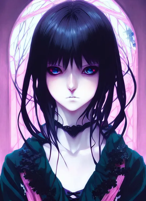 Image similar to portrait of beautiful gothic anime girl, cute face, anime, intricate, highly detailed, digital painting, official media, anime key visual, concept art, rich vivid colors, ambient lighting, sharp focus, illustration, art by wlop and ilya kuvshinov and makoto shinkai and range murata