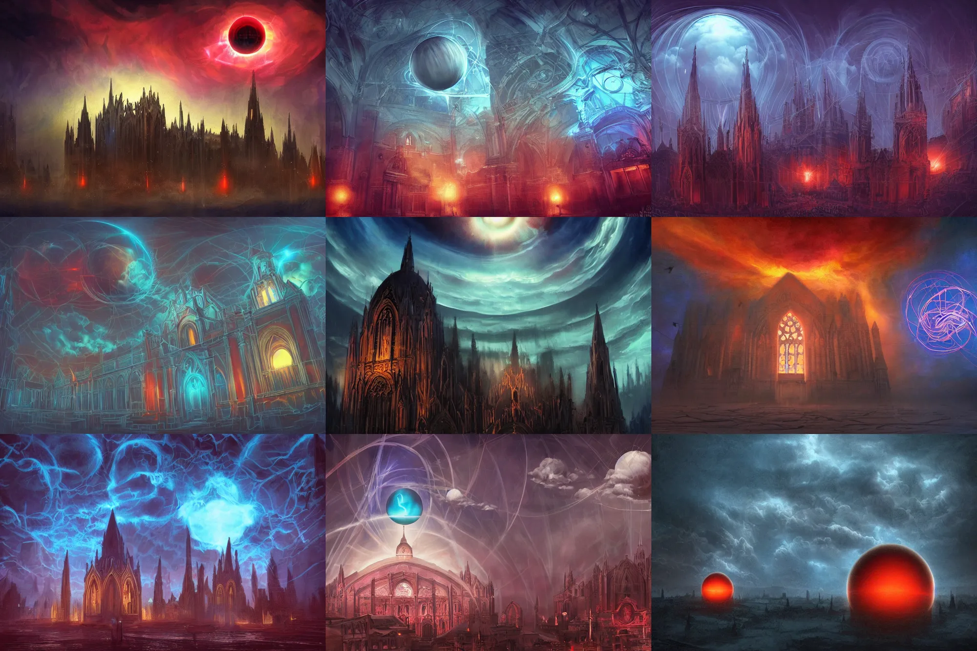 Prompt: old cathedral, glowing balls, tornado, symmetry!!!, clouds, surrealism, dark atmosphere, blue color, dark red color, dark purple color, glowing orbs, glowing lights, surreal, infographic, epic fantasy, digital art, concept art, detailed illustration, hd, 4 k, highly saturated colors, digital art, mike franchina, trending on artstation