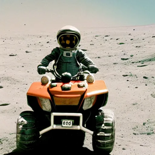 Image similar to photo of monkey wearing a space helmet riding an atv on the moon,