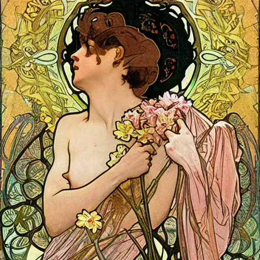 Image similar to narcissus and echo, painted by alphonse mucha