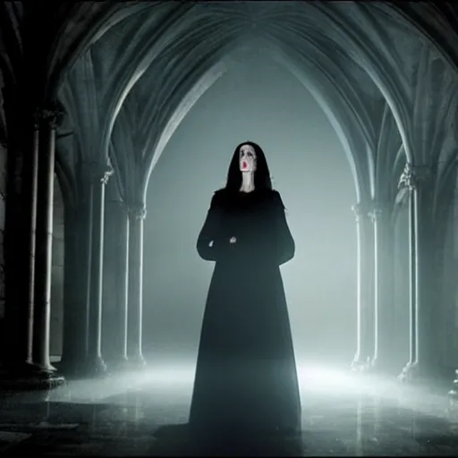 Image similar to jennifer connelly as a vampire in a gothic cathedral at night, gloomy, cinematic, ground mist, volumetric light.