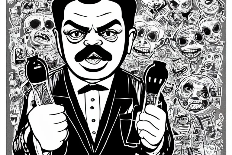 Prompt: luis guzman as gomez addams in netflix wednesday series, in a lowbrow, pop surrealism art style, mad magazine, caricature, intricate, line - drawing, black ink on white paper