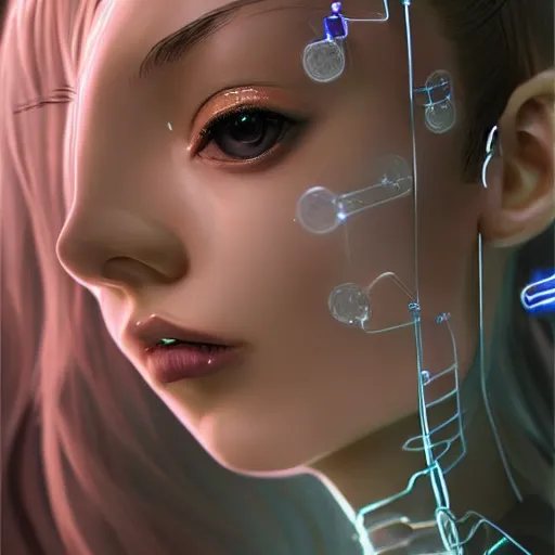 Prompt: torso of a classy elegant sophisticated very up close portrait of a cute dainty translucent cyborg girl, cyber future jacket, ultra detailed wire decoration, big eye, fantasy art by nixeu and guweiz and ilya kuvshinov, sleek curves, intricate sharp focus, trending on artstation hq, deviantart, pinterest, unreal engine 5, 4 k uhd image