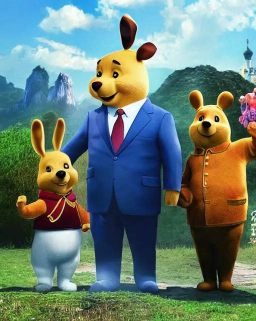 Prompt: movie still of president xi jinping starring as winnie the poo and vladimir putin as rabbit in live action winnie the poo movie, highly detailed, photorealistic