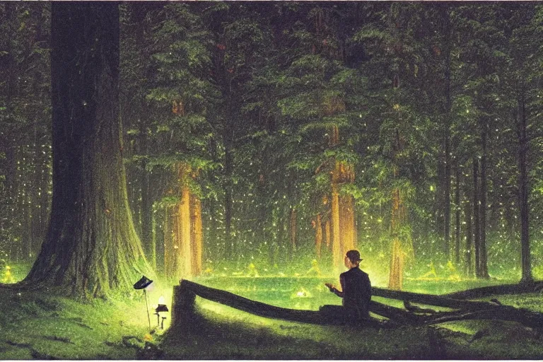 Prompt: a scenic view of a ethereal man in the middle of a magical forest with glow-worm lights near a lake, detailed, cinematic, dramatic scene, retro illustration by Norman Rockwell.