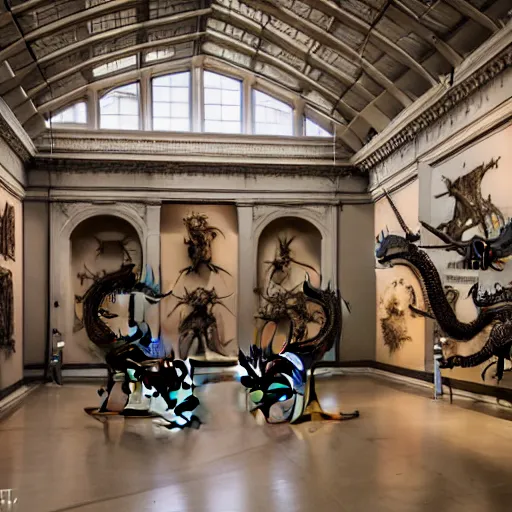 Prompt: a photo of the interior of the main hall of a museum, a dragon fossil museum, with dragon skelleton and with dragon information, 1 6 mm lens, neoclassical architecture, some kids are looking at the fossils amazed, volumetric lighting,