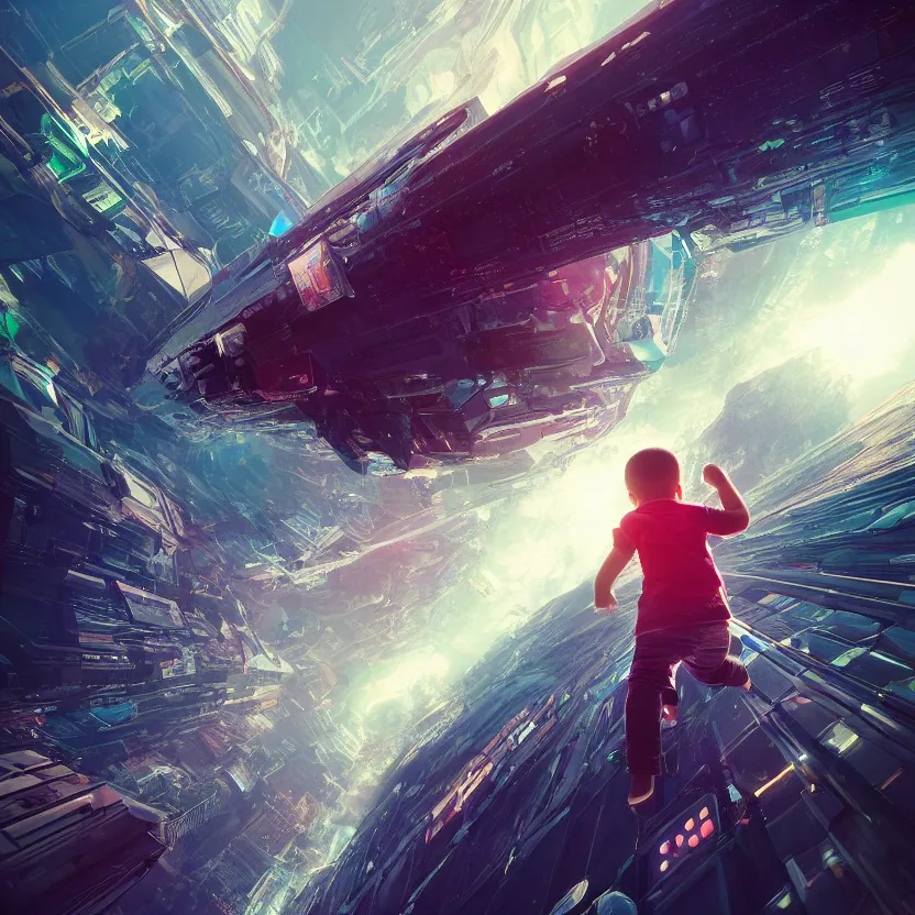 Image similar to An ultra-high resolution photograph of a kid in an elevator mid air, sci-fi, fututistic, by Yoshitaka Amano and Alena Aenami, Trending on Artstation, nvidia, matte painting, unreal enginqe