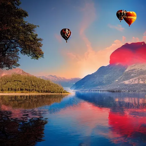 Image similar to photo of two black swans touching heads in a beautiful reflective mountain lake, a colorful hot air balloon is flying above the swans, hot air balloon, intricate, 8k highly professionally detailed, HDR, CGsociety