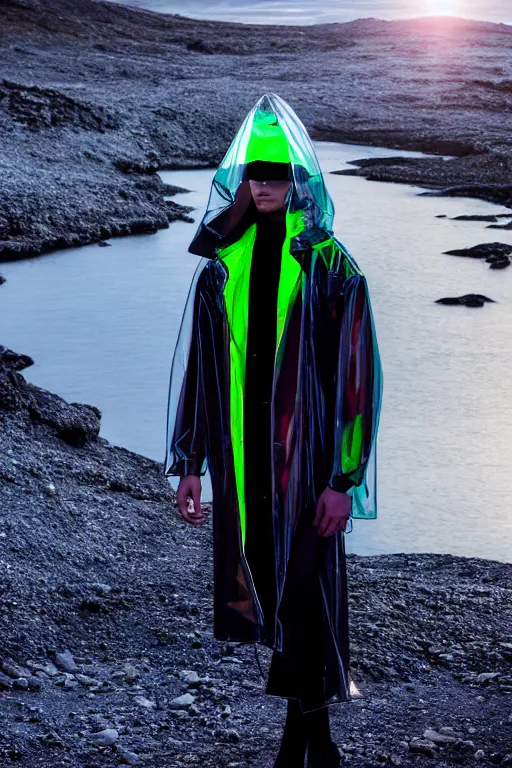 Image similar to an ultra high definition professional high fashion portrait studio full length photograph of a male model wearing a transparent pearlescent raincoat and neon visor in an icelandic black rock environment at dawn. no artefacts. extremely detailed. stark. refraction. shallow depth of field. volumetric light and shadow. ray tracing. light rays.