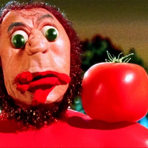 Image similar to film still of the rock in a tomato costume