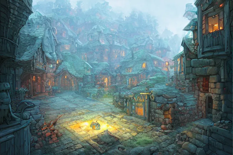 Image similar to one point perspective dungeon cozy fantasy village street view by artgerm and Craig Mullins, James Jean, Andrey Ryabovichev, Mark Simonetti and Peter Morbacher 16k