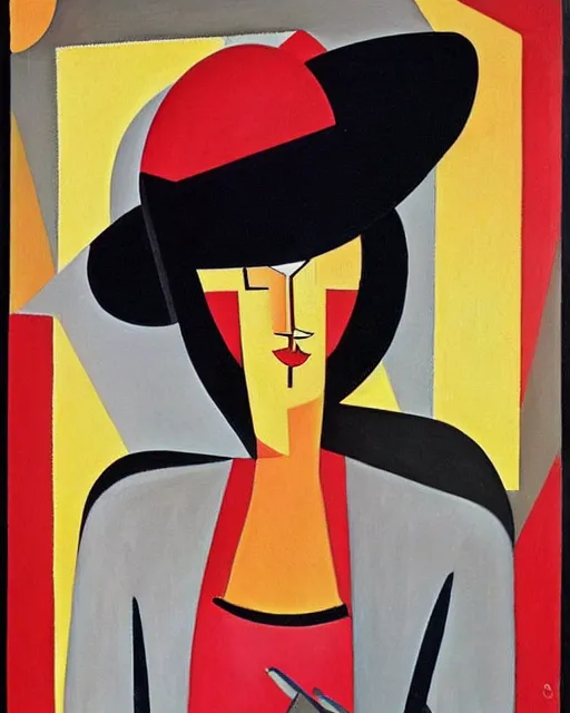 Image similar to a painting of a woman wearing a hat, an art deco painting by auguste herbin, featured on deviantart, qajar art, fauvism, art deco, egyptian art