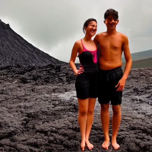 Image similar to young couple taking a bath in lava, volcanic eruptions in the background