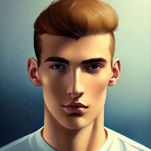 Image similar to tall man in his twenties with brown blond short quiff hair and thin slightly round facial structure with cleft chin, straight eyebrows and prominent nose, good definition of cheekbones, big hazel nut brown eyes, narrow face, slim body, atmospheric lighting, painted, intricate, 4 k, highly detailed by charlie bowater