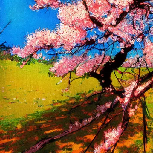 Image similar to cherry tree blossom, windy, impressionist, golden hour, masamune shirow