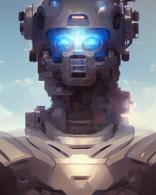 Prompt: still film, a robot eating the world if made by krenz cushart and wenjun lin, portrait, illustration, rim light, top light, summer clear blue sky, perfectly shaded, soft painting, epic, intricate, art