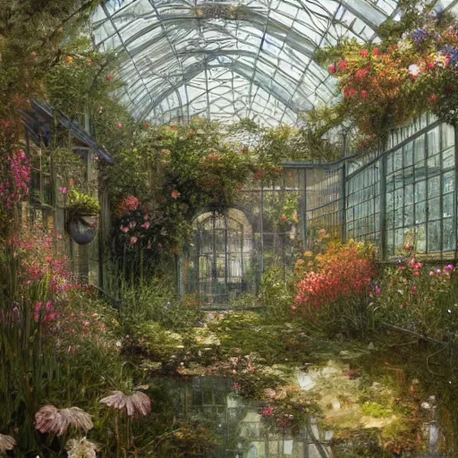 Prompt: a beautifull intricate greenhouse with many flowers, reflexions, high details by william turner art, greg rutkowski and alphonse mucha, trending on artstation, very very detailed, masterpiece,