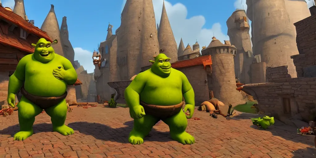 Image similar to shrek in team fortress 2 on the red team playing upward, realistic 4 k octane beautifully detailed render, 4 k post - processing, highly detailed, intricate complexity, epic composition, magical atmosphere, cinematic lighting, masterpiece, ultra hd