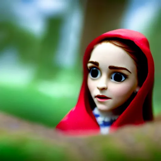 Image similar to a cinematic film still of a claymation stop motion film starring emma watson as little red riding hood, looking at wild wolf, shallow depth of field, 8 0 mm, f 1. 8