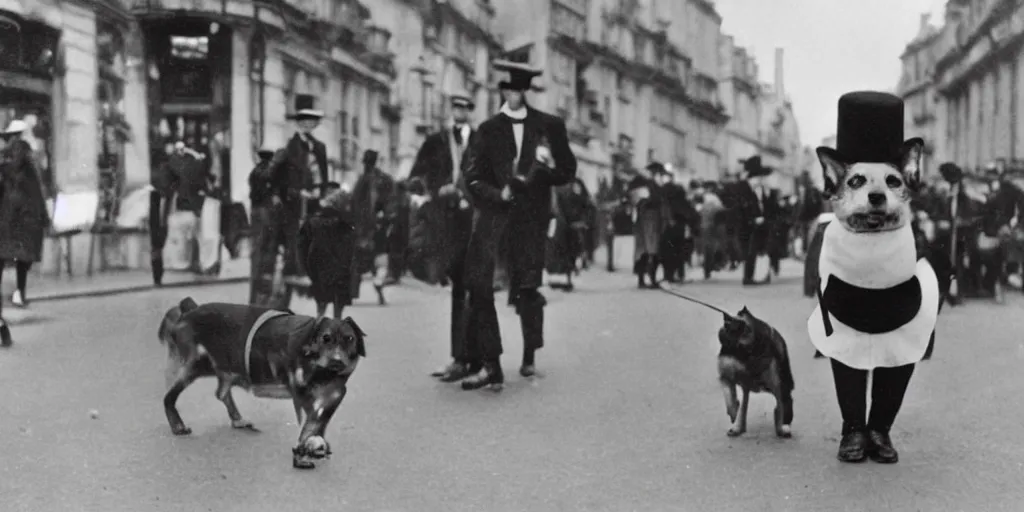 Image similar to a jaunty dog wearing a bowler hat in 1 9 3 0 paris france