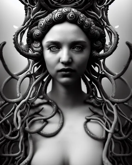 Image similar to surreal mythical dreamy underwater artistic black and white 3 d render of a translucent beautiful young female angelic - medusa - vegetal - doll, highly detailed, intricate crystal ivy jelly ornate, poetic, translucent algae ornate, digital art, octane render, 8 k artistic photography, photo - realistic, hg giger flora borsi