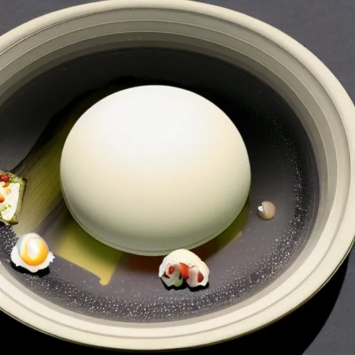 Prompt: a picture of japanese food floating over saturn