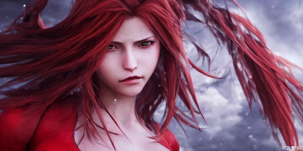 Image similar to epic scene of very attractive final fantasy 7 female character, detail face, lovely eyes and lips, with amazing detail red dress ) ( fighting ) hyper realistic 3 d render, art station, particles, epic scene, mucha, clouds, jump pose, blur focus, action,